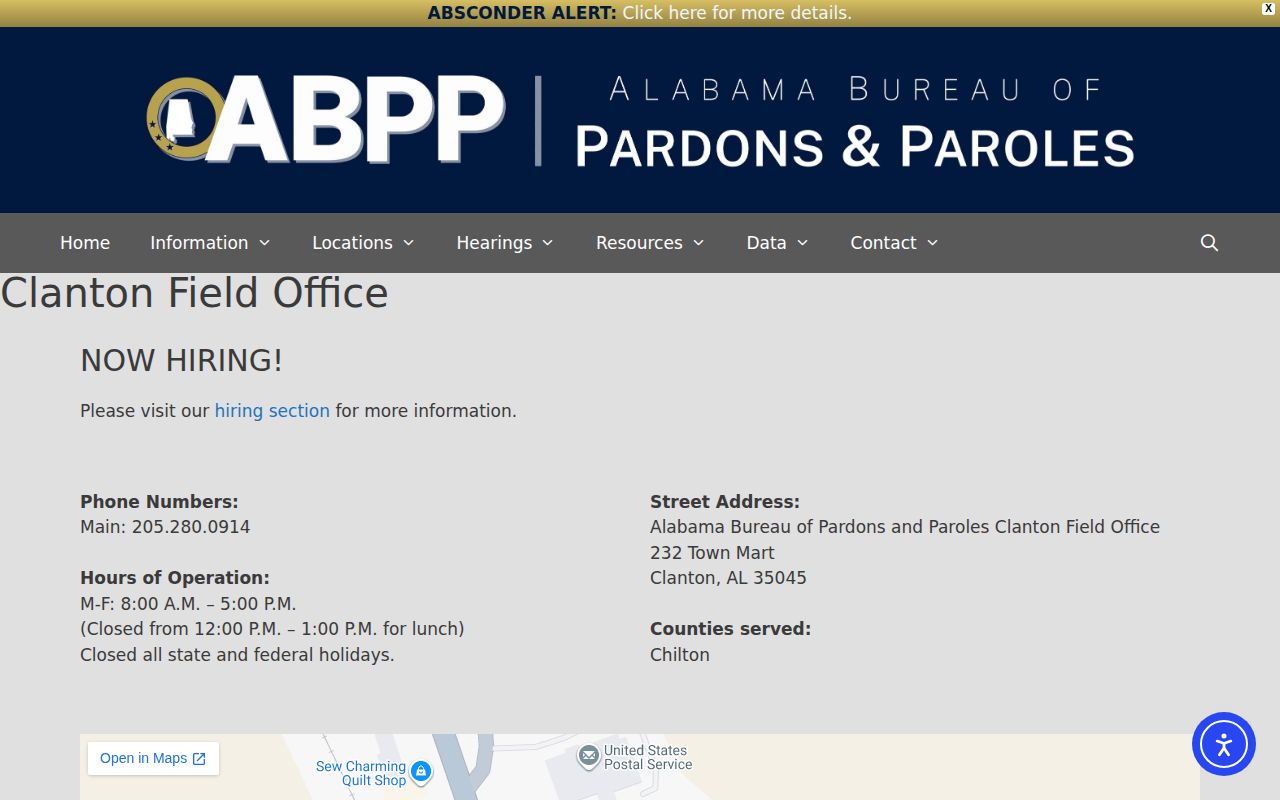 Chilton County parole and probation Clanton Field Office record