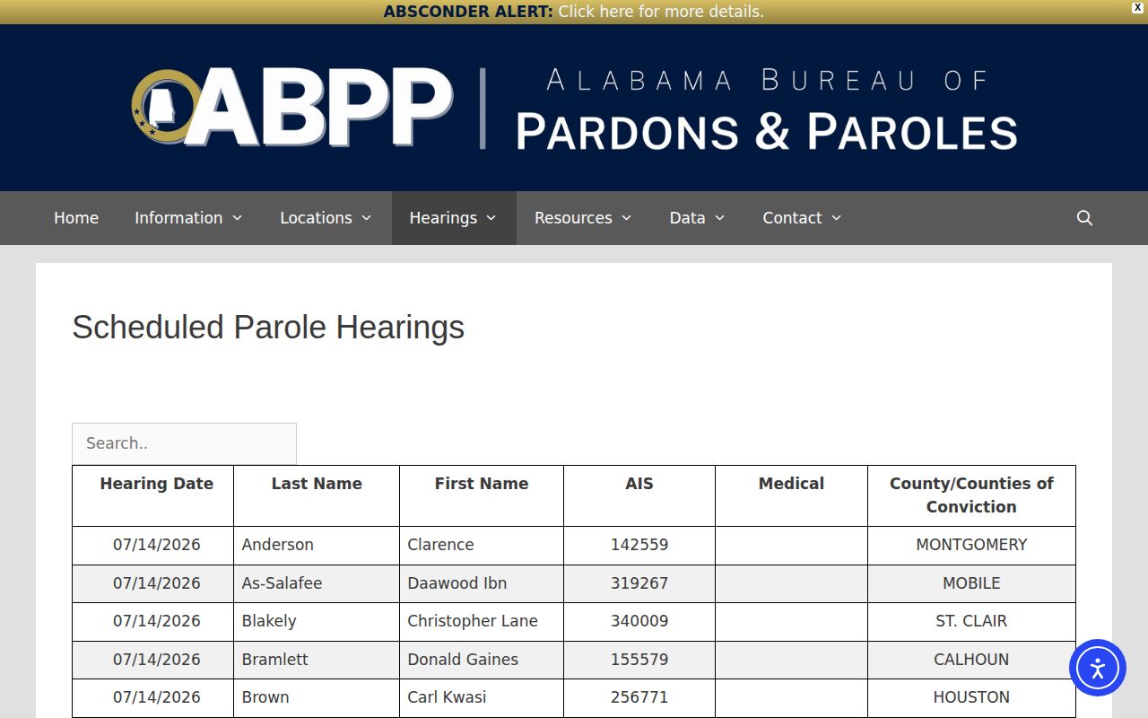 Chilton County parole hearing schedule for release supervision