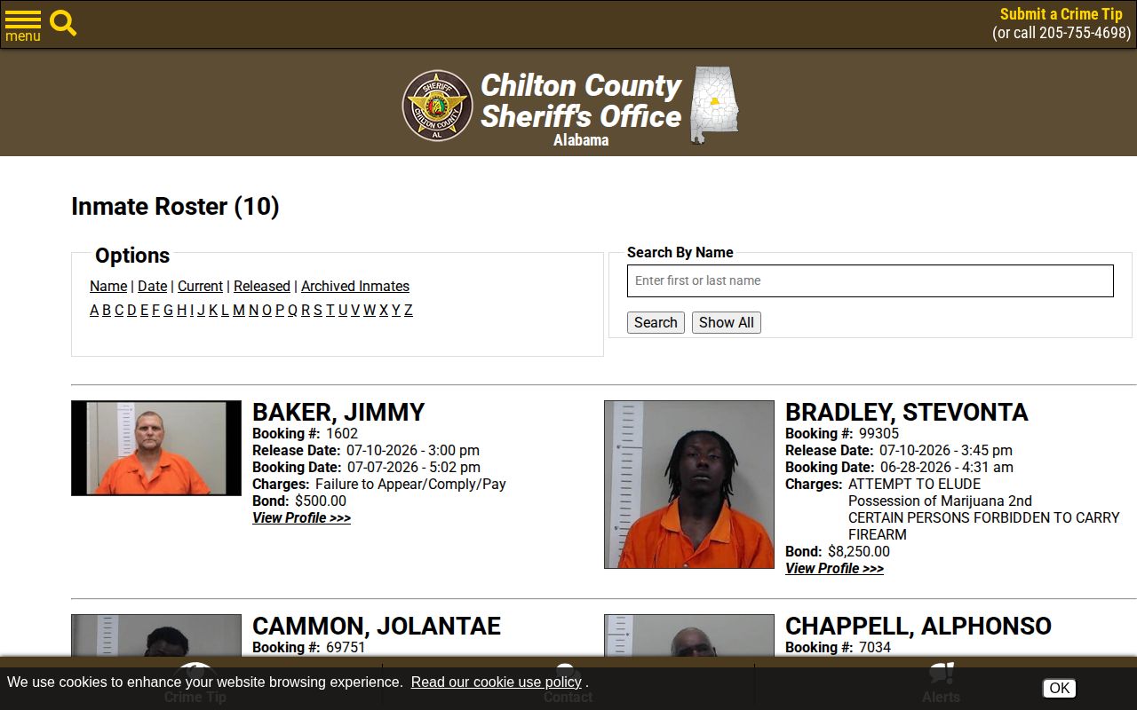 Chilton County 24 hour release list source showing the sheriff released roster